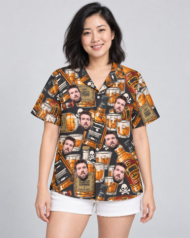 Whiskey Skulls Retro Hawaiian shirt with printed faces, worn by a woman