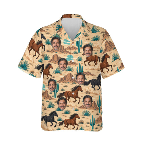 Wild Mustang Horse Hawaiian Shirt personalized with printed faces, front view