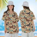 Woman wearing the Wild Mustang Horse Hawaiian Shirt with custom faces, front and back view