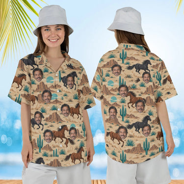 Woman wearing the Wild Mustang Horse Hawaiian Shirt with custom faces, front and back view