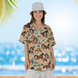 Woman wearing the Wild Mustang Horse Hawaiian Shirt with custom faces