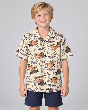 Wild West Justice Hawaiian shirt with printed faces, worn by a child