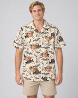 Wild West Justice Hawaiian shirt with printed faces, worn by a man