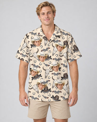 Wild West Justice Hawaiian shirt with printed faces, worn by a man