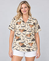 Wild West Justice Hawaiian shirt with printed faces, worn by a woman