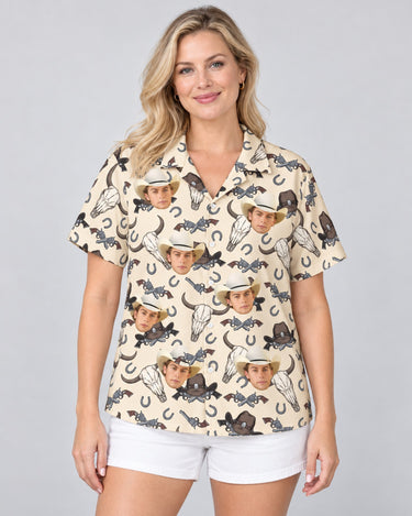 Wild West Justice Hawaiian shirt with printed faces, worn by a woman