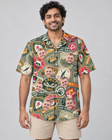 Wilderness Adventure Hawaiian shirt with printed faces, worn by a man