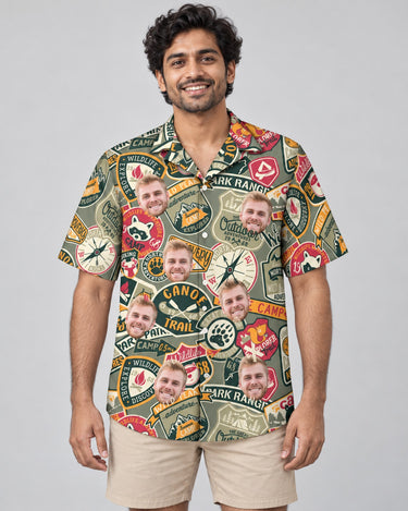 Wilderness Adventure Hawaiian shirt with printed faces, worn by a man
