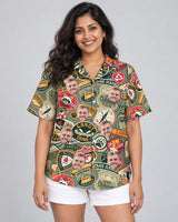 Wilderness Adventure Hawaiian shirt with printed faces, worn by a woman