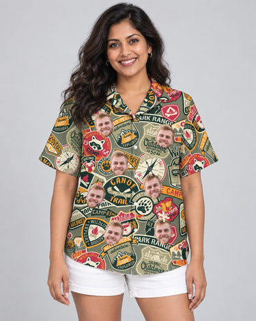 Wilderness Adventure Hawaiian shirt with printed faces, worn by a woman