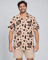 Witchy Black Cat Halloween Hawaiian shirt with printed faces, worn by a man