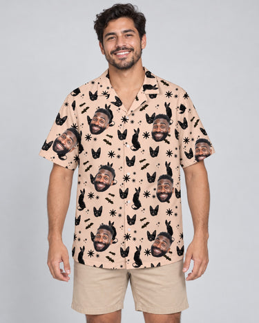 Witchy Black Cat Halloween Hawaiian shirt with printed faces, worn by a man
