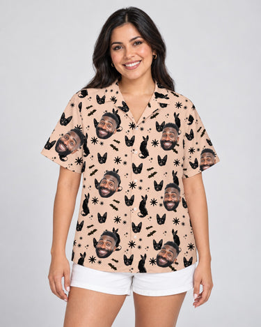 Witchy Black Cat Halloween Hawaiian shirt with printed faces, worn by a woman
