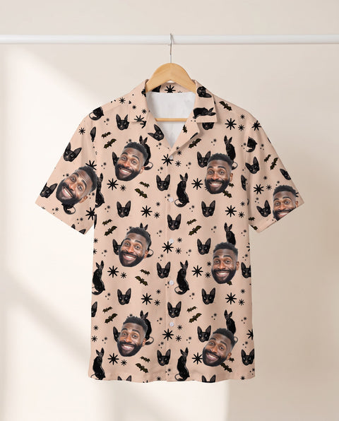 Witchy Black Cat Halloween personalized Hawaiian shirt printed with customer faces