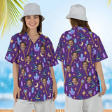 Woman wearing the Wizard Hat Fantasy RPG Hawaiian Shirt with custom faces, front and back view