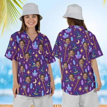 Woman wearing the Wizard Hat Fantasy RPG Hawaiian Shirt with custom faces, front and back view