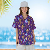 Woman wearing the Wizard Hat Fantasy RPG Hawaiian Shirt with custom faces
