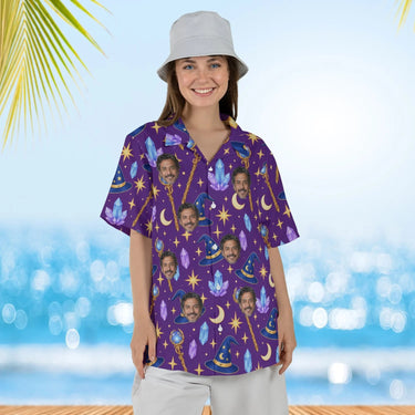Woman wearing the Wizard Hat Fantasy RPG Hawaiian Shirt with custom faces