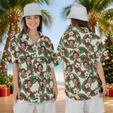 Wreath Mandala personalized Christmas Hawaiian shirt with faces worn by a woman, front and back