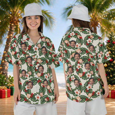 Wreath Mandala personalized Christmas Hawaiian shirt with faces worn by a woman, front and back