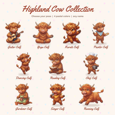 Highland Cow Collection: all 10 calf poses available for the personalized name blanket