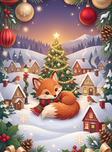 Full print artwork of the Sleepy Fox Snowy Village blanket: a curled-up red fox in a striped scarf in front of a lit Christmas tree and snowy village, framed by ornaments, holly and gifts
