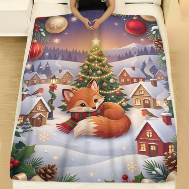 Sleepy Fox Snowy Village holiday throw blanket spread across a made bed with white linen, showing a curled-up red fox