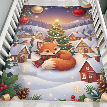 Sleepy Fox Snowy Village winter blanket folded over the side of a wooden crib as a cozy Christmas gift