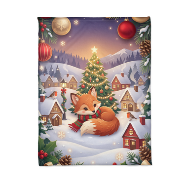 Flat lay of the Sleepy Fox Snowy Village Christmas blanket showing the whole illustrated scene from edge to edge