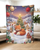Sleepy Fox Snowy Village fleece blanket held up in a bright living room to show the full Christmas artwork and soft drape