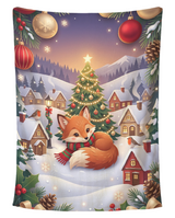 Sleepy Fox Snowy Village Christmas blanket printed edge to edge with a curled-up red fox in a striped scarf in front of a lit Christmas tree and snowy village, framed by ornaments, holly and gifts, shown flat on a pure white background