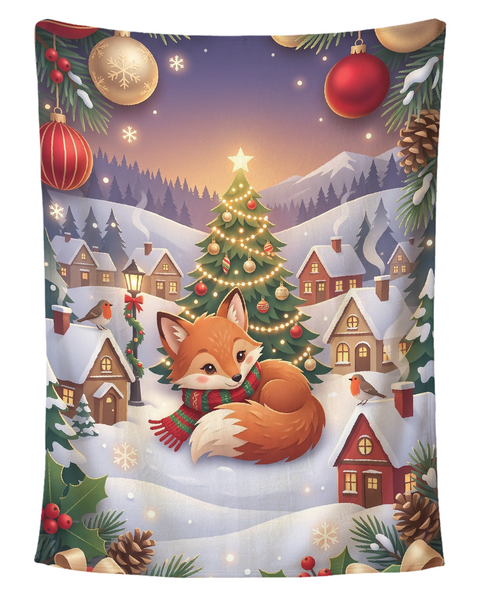Sleepy Fox Snowy Village Christmas blanket printed edge to edge with a curled-up red fox in a striped scarf in front of a lit Christmas tree and snowy village, framed by ornaments, holly and gifts, shown flat on a pure white background