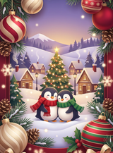 Full print artwork of the Penguin Couple Snowy Village blanket: two cuddling penguins in red and green scarves before a lit Christmas tree and snowy cottages, framed by ornaments and gifts