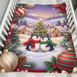 Penguin Couple Snowy Village winter blanket folded over the side of a wooden crib as a cozy Christmas gift