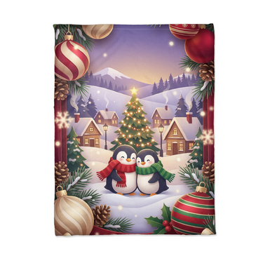 Flat lay of the Penguin Couple Snowy Village Christmas blanket showing the whole illustrated scene from edge to edge