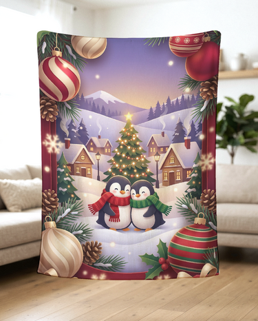 Penguin Couple Snowy Village fleece blanket held up in a bright living room to show the full Christmas artwork and soft drape