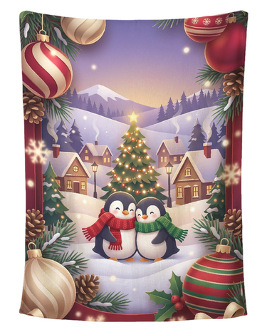 Penguin Couple Snowy Village Christmas blanket printed edge to edge with two cuddling penguins in red and green scarves before a lit Christmas tree and snowy cottages, framed by ornaments and gifts, shown flat on a pure white background