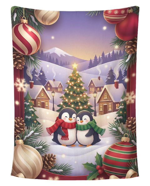 Penguin Couple Snowy Village Christmas blanket printed edge to edge with two cuddling penguins in red and green scarves before a lit Christmas tree and snowy cottages, framed by ornaments and gifts, shown flat on a pure white background