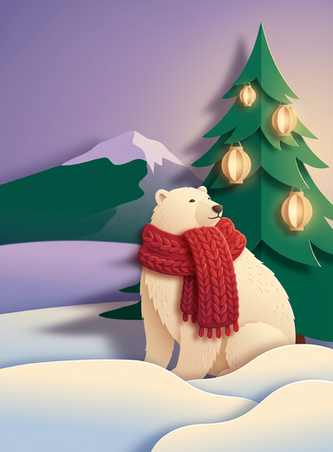 Full print artwork of the Red Scarf Polar Bear blanket: a paper-cut polar bear in a knitted red scarf beside a green Christmas tree hung with paper lanterns on a lilac evening