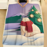 Red Scarf Polar Bear holiday throw blanket spread across a made bed with white linen, showing a paper-cut polar bear