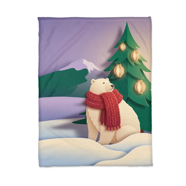 Flat lay of the Red Scarf Polar Bear Christmas blanket showing the whole illustrated scene from edge to edge