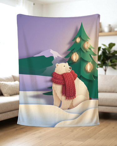 Red Scarf Polar Bear fleece blanket held up in a bright living room to show the full Christmas artwork and soft drape