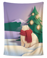 Red Scarf Polar Bear Christmas blanket printed edge to edge with a paper-cut polar bear in a knitted red scarf beside a green Christmas tree hung with paper lanterns on a lilac evening, shown flat on a pure white background