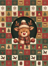 Full print artwork of the Cozy Reindeer Holiday Squares blanket: a smiling reindeer in a plaid scarf, bobble hat and mittens peeking out of a dark green circle, surrounded by printed patchwork squares of snowflakes, bells, holly, trees and gifts