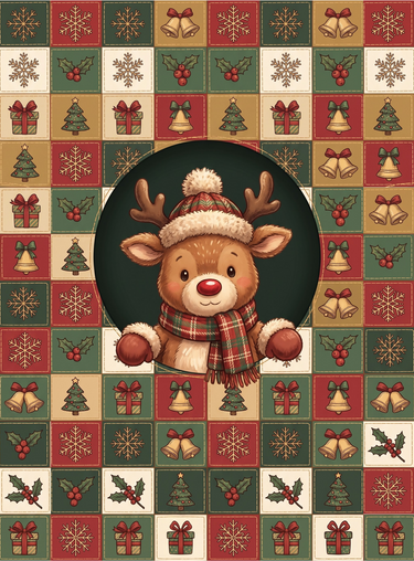 Full print artwork of the Cozy Reindeer Holiday Squares blanket: a smiling reindeer in a plaid scarf, bobble hat and mittens peeking out of a dark green circle, surrounded by printed patchwork squares of snowflakes, bells, holly, trees and gifts