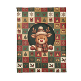 Flat lay of the Cozy Reindeer Holiday Squares Christmas blanket showing the whole illustrated scene from edge to edge