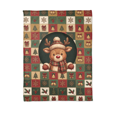 Flat lay of the Cozy Reindeer Holiday Squares Christmas blanket showing the whole illustrated scene from edge to edge