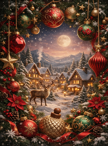 Full print artwork of the Moonlit Reindeer Snowy Village blanket: a reindeer in a glowing snowy village under a full moon, framed by red, green and gold ornaments, poinsettias and ribbon