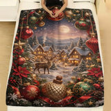 Moonlit Reindeer Snowy Village holiday throw blanket spread across a made bed with white linen, showing a reindeer