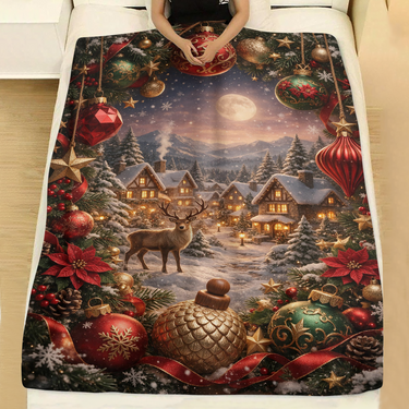 Moonlit Reindeer Snowy Village holiday throw blanket spread across a made bed with white linen, showing a reindeer